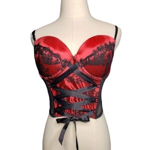 Lace Red Satin Corset Mesh Longline Sexy Lingerie Boudoir Pirate Goth Bra COS 38